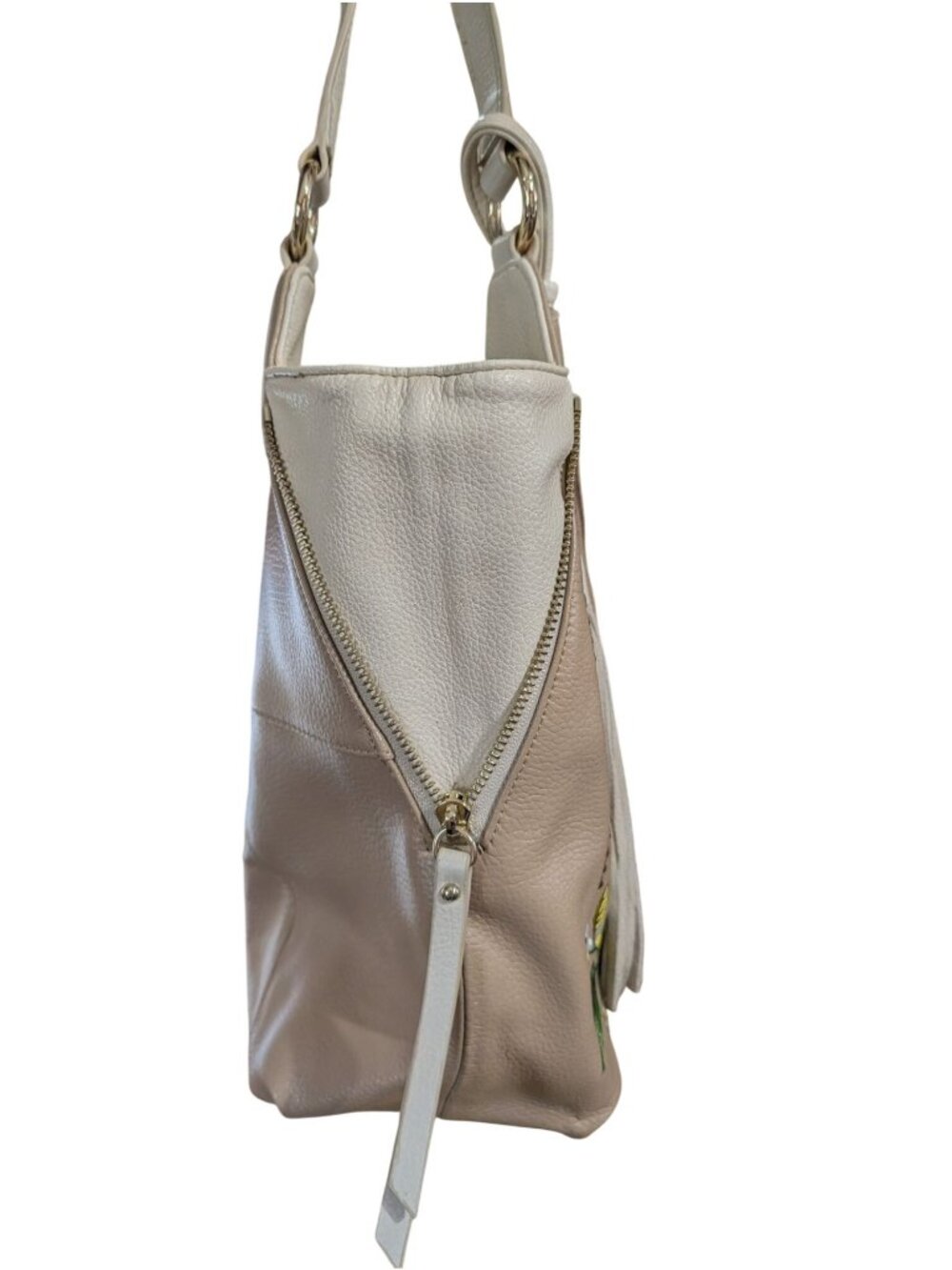 Sharif Sunflower Embroidered Beige Leather Shoulder Bag Purse w/ Wristlet - Picture 5 of 12